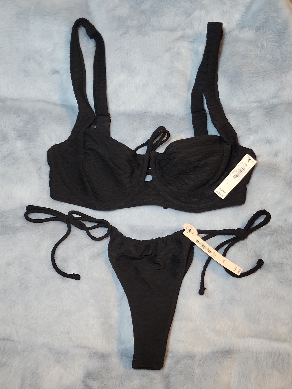 Victoria's Secret NWT Black Wide Strap Top & Thong Bottom Bikini Set Size XS 32D